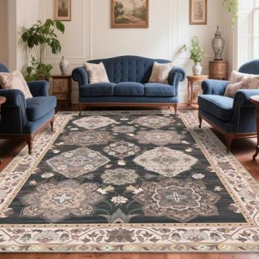 Imagem de Vhong Boho Tapetes de área laváveis vintage neutro moderno azul e laranja 20 x 25 antiderrapante tapete grande para sala de estar, sala de jantar, quarto, casa de fazenda