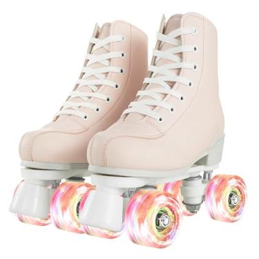 Imagem de Patins clássicos para mulheres e meninas, couro PU, fantástico, roda de flash, patins infantis de 6 a 12 anos, iniciantes para ambientes internos e externos (roda flash rosa e branca, 33)