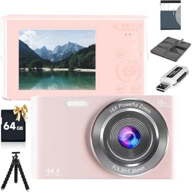 Imagem de Câmera digital, FHD 1080p infantil, câmeras digitais de 44 MP com cartão SD de 64 GB, zoom de 16x, baterias, cordão, compacto para crianças, meninos, meninas (kit de câmera, rosa)