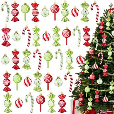 Imagem de Liliful Conjunto de enfeites de doces de Natal, 30 peças, decorações de plástico de menta e bengala doce, enfeite de pirulito de Natal, decoração de padrão de pirulito com corda (vermelho, verde