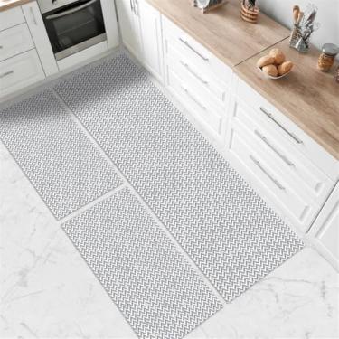 Imagem de Kit Tapete de Cozinha Antiderrapante, Zig Zag, 3 Peças, Passadeira 150x45cm e 2 Tapetes 65x45cm, Bege (Cinza)