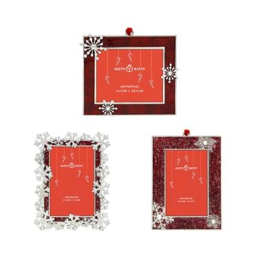 Imagem de GIFTY GIFTY Conjunto de porta-retratos de enfeite de floco de neve vermelho de Natal / conjunto de 3 / 5 x 3, 6 x 5 polegadas | Para exibição de mesa, árvore de Natal e decorações de festa | Perfeito