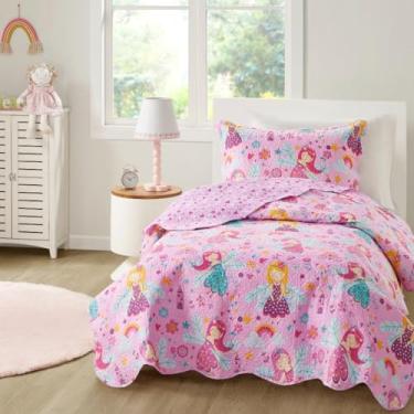 Imagem de Kit Colcha Bouti Cobre Leito Solteiro Infantil Dupla Face Estampado - 02 Peças (Fadas)