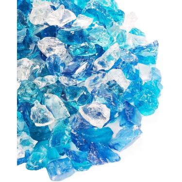 Imagem de Nupick – Vidro de fogo de 9 kg para lareira, vidro temperado misturado de 1/2-3/4 polegada em mistura de Bahama para lareira de propano e lareira a gás, rocha de vidro azul e branco