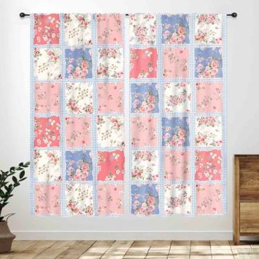 Imagem de Cortinas florais rosa, boho vintage patchwork flores coloridas flores silvestres casa de campo retrô floral rural quarto sala de estar cozinha cortinas de tratamento de janela 53 cm L x 114 cm C