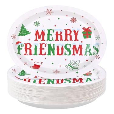 Imagem de 50 peças de pratos ovais de papel Merry Friendsmas 25,4 x 30,5 cm, grandes, descartáveis, resistentes, Natal, vermelho, verde, pratos de festa, presentes de floco de neve, bandeja de sobremesa para