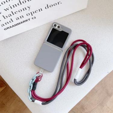 Imagem de Capa protetora para Samsung Galaxy Z Flip6 com estampa simples de couro liso e cordão transversal (para Samsung Galaxy Z Flip6/cinza)