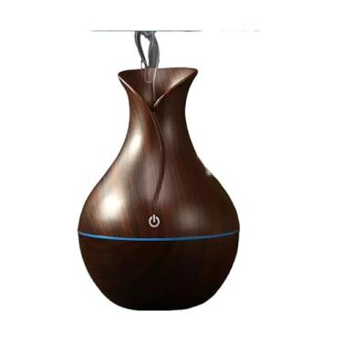Imagem de Umidificador De Ar Pequeno Ultrassonico Tipo Madeira – Ar Difusor Eletrico, Design Vaso Com Luzcolorido, Aromatizador(vaso Marrom Escuro)