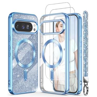 Imagem de DagoRoo Capa magnética para Google Pixel 10/10 Pro + 2 películas protetoras de tela, borda dourada banhada de luxo [cartão de glitter e alça de pulso] Capa fina e macia de TPU (poliuretano