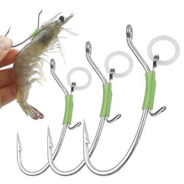 Imagem de Shaddock Fishing Ganchos luminosos de camarão, 15 peças que brilham no escuro luz noturna isca de camarão ganchos de aço de alto carbono para robalo carpa bagre lúcio croupers água salgada pesca em