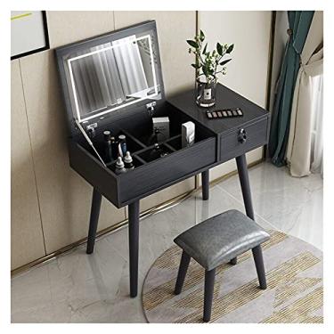 Imagem de hezhuhe2258 Conjunto de penteadeira de penteadeira com luzes LED espelho flip quarto penteadeira mesa de maquiagem móveis domésticos penteadeira (cor: cinza)