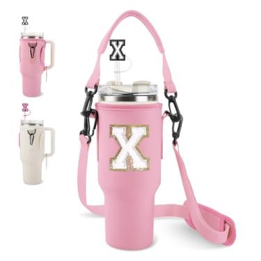 Imagem de Initial Water Bottle Holder Bag for Stanley 40oz Tumbler with Hand & Adjustable Shoulder Strap, Personalized Initial Straw Cover Cap & Letter Chains, Gift for Stanley Cup Accessories(Pink-White X)
