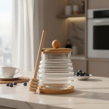 Imagem de Meleira De Vidro Com Tampa Pegador 270ml Transparente Bambu - Cosy