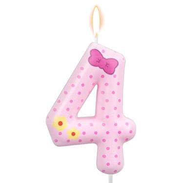 Imagem de Velas de Aniversário com Laço Rosa, Velas Rosa e Brancas de Bolinhas Gato Desenho Animado Decoração Bolo Topo Vela para Meninas Mulheres Casamento Aniversário Festa (Número 4)