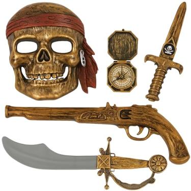 Imagem de ArtCreativity Pirate Play Set for Kids, 5PC Playset with Plastic Sword, Pistol, Dagger, Compass, and Mask, Pirate Halloween Costume Accessories and Photo Booth Props, Fun Pretend Play Set