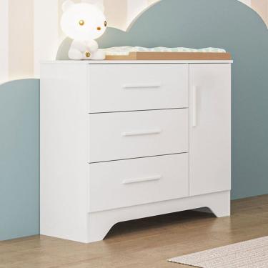 Imagem de Cômoda Infantil Popy Retrô 1 Porta 3 Gavetas 100% Mdf Branco Brilho - Móveis Peroba