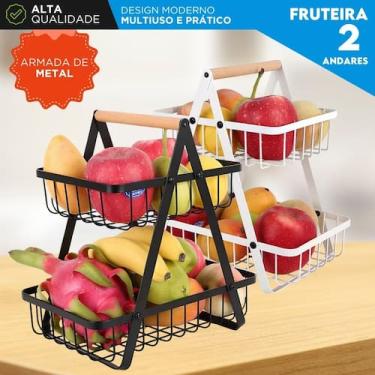 Imagem de Fruteira de Mesa Preta 2 Andares em Metal com Alça de Madeira Cesto Or