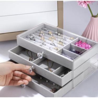 Imagem de Porta Joia Acrílico 3 Camadas Brinco Anel Compartimento caixa de armazenamento de jóias (Cinz 3 camadas (G) Y490-38-GY)