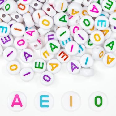Imagem de 360 peças de contas de letra A E I O 4 x 7 mm colorido individual alfabeto acrílico contas redondas brancas de plástico solto para pulseiras de amizade fazendo colares chaveiros joias artesanato