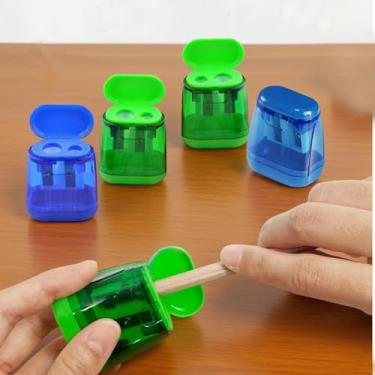 Imagem de Apontador de lápis manual de furo duplo com tampa e recipiente de aparas, ferramenta compacta de papelaria para escola, escritório, 4 peças (multicolorido)