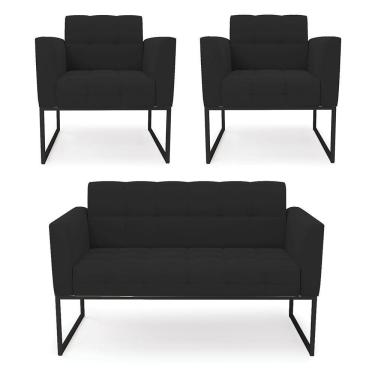 Imagem de Kit 1 Sofá Namoradeira E 2 Poltronas Elisa Veludo Preto Base Metálica Industrial Preto - D'rossi