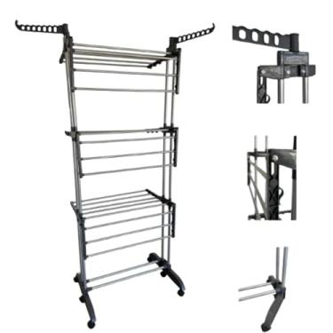 Imagem de Varal Multiuso de Chão Dobrável com 3 Andares, Bandejas e Cabideiro Rack Arara (Branco)