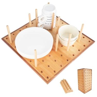 Imagem de E-ROOM TREND Organizador dobrável para cozinha – Base de bambu e borda de madeira de acácia para bancada, armário e gaveta de cozinha, 16 pinos removíveis, 39,9 cm x 39,9 cm