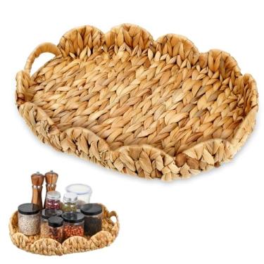 Imagem de Bandeja de vime recortada, cesta de jacinto de água, bandejas de servir com alças em tecido de vime, bandeja organizadora decorativa para decoração de casa, sala de estar, mesas de café, banheiro