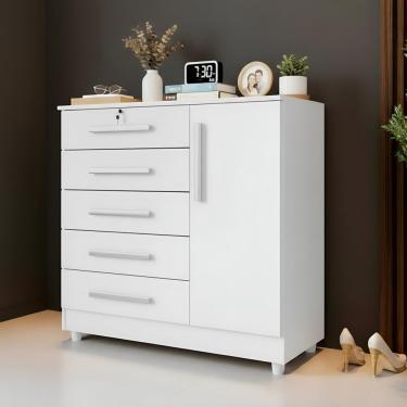 Imagem de Cômoda Quarto 5 Gavetas 1 Porta Com Chave 2 Divisórias - Branco