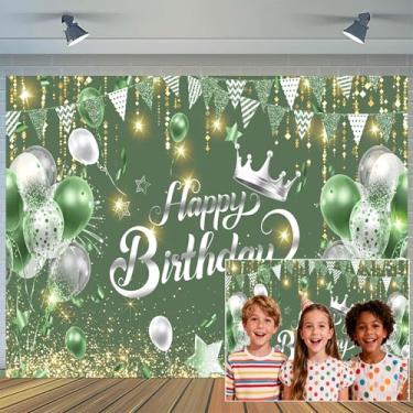 Imagem de Pano de fundo verde de feliz aniversário de 3,5 x 2,5 m, coroa de balão verde prata para fotografia de festa de aniversário, homens, mulheres, crianças, decoração de chá de bebê, banner, adereços de