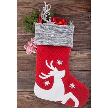 Imagem de Meia de Natal para crianças em família, meias de malha de veludo com rena vermelha para Natal, casa, lareira, enfeites de pendurar, suprimentos de decoração de festa, Natal, meia pendurada