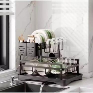 Imagem de Escorredor de Louça 2 Andares Moderno com Bandeja Drenante e Suporte Lateral | Organizador de Cozinha Compacta TINNY YOU