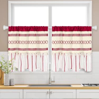 Imagem de FRAMICS Farmhouse Linen Cortinas de cozinha 61 cm de comprimento Cortina curta listrada vermelha para janelas Boho crochê pequenas cortinas de janela para cozinha, bolso de varão, cortina de camada