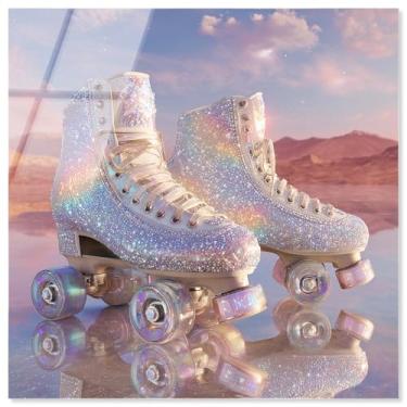 Imagem de Patins brilhantes impressão acrílica rosa arte fashion por Art Remedy, pronto para pendurar, 76 x 76 cm
