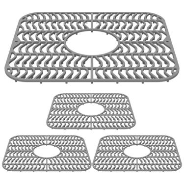Imagem de 4 peças de tapetes de pia de cozinha, protetores de pia de grade de silicone tapete de drenagem com orifício de drenagem, tapete de pia antiderrapante para cozinha e louças