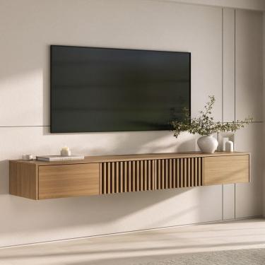 Imagem de Rack Suspenso para Tv até 75 Polegadas Portas Ripadas 210cm Aruá Cabecasa Madeiraoriginals Jatoba