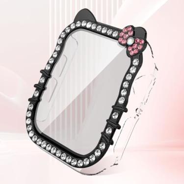 Imagem de Capa de desenho animado com laço de gato para Apple Watch SE/séries 10/9/8/7/6/5/4 44 mm 45 mm com protetor de tela de vidro temperado, capa protetora completa diamante cristal (preto, 40 mm)