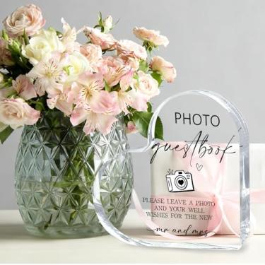 Imagem de Placa acrílica de casamento com foto de livro de visitas para placas de casamento para cerimônia moderna em forma de coração placas de acrílico para mesa de recepção de cerimônia de casamento e festa