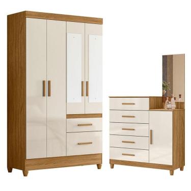 Imagem de Guarda Roupa Solteiro Madri Com Espelho E Cômoda Lisboa Freijó Off White - Moval