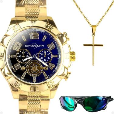 Imagem de Relogio Masculino Prova Dagua Banhado + Cordao + Oculos Sol Qualidade Premium Casual Religioso Azul