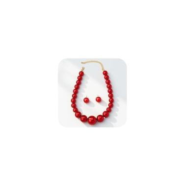 Imagem de Brincos gargantilhas delicadas com miçangas vermelhas grandes e grossas para mulheres, colares de pérolas grandes, brincos de pino Y2K, acessórios de bijuteria de fantasia, One Size, Metal, Sem Pedra