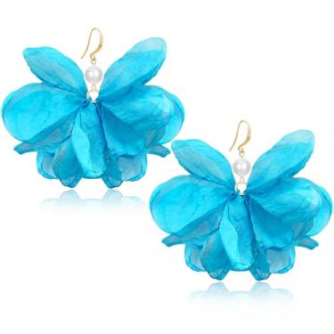 Imagem de unixmoment Brincos femininos com pingente de franja floral de tecido pérola grande boêmio feito à mão, Large, Tecido, Sem pedra preciosa