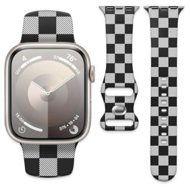 Imagem de Pulseiras esportivas compatíveis com Apple Watch séries 10 9 Ultra 8, 7, 6, 5, 4, 3, 2 e 1 de 42 mm, 44 mm, 45 mm, 46 mm e 49 mm, femininas e masculinas (tabuleiro de xadrez preto)