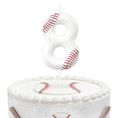 Imagem de Velas de aniversário de beisebol número 8, topo de bolo com tema de beisebol para meninos e meninas, decorações de bolo para aniversários, suprimentos de festa com tema esportivo, velas para