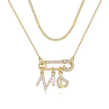 Imagem de MEIITRUE Colar feminino com inicial de alfinete de segurança, banhado a ouro 14 quilates, corrente em camadas, pingente de zircônia cúbica, gota e pingentes de coração, pingente de nome personalizado