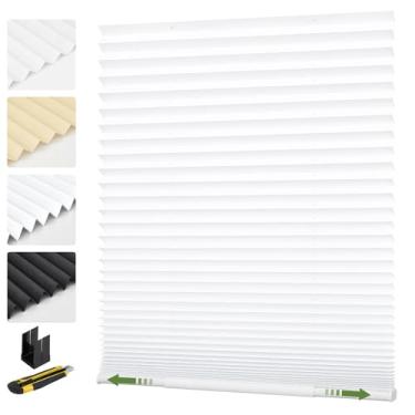 Imagem de MiLin Persianas de janela plissadas sem fio, sem ferramenta, sem perfuração, persianas para janelas internas, tamanho livre, colar, persianas, tecidos não tecidos para escritório em casa (branco
