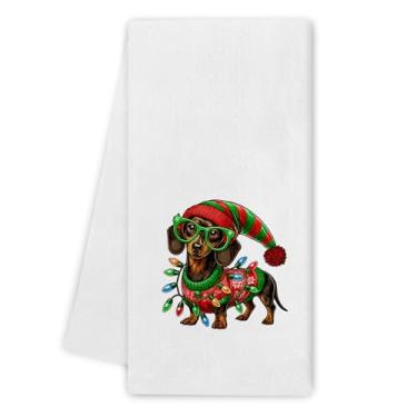 Imagem de Noaleviax Toalhas de cozinha de Natal Dachshund - decoração engraçada de cachorro Wiener Navidad, presentes para amantes de dachshund, toalhas de mão de Natal para cachorro salsicha pano de prato para