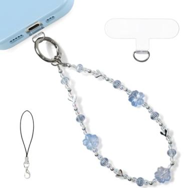 Imagem de LuneClat Pingente de telefone com corrente de flor de cerejeira rosa - Pulseira destacável com contas de cristal, alça de pulso mãos livres para celular, leitor eletrônico, câmera, chaveiro, pingente