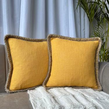 Imagem de Export House Conjunto de 2 capas de almofada com franjas de linho laranja natural – 45,7 x 45,7 cm Boho Farmhouse com borlas para sofá, cama, sala de estar, decoração de casa de primavera e outono