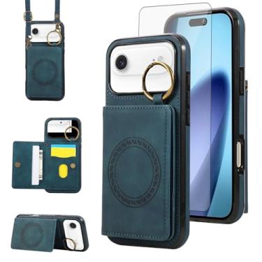 Imagem de Capa carteira compatível com iPhone 17 Air 6,6 polegadas, protetor de tela, alça de ombro transversal, anel, fivela, suporte, suporte para cartão, capa magnética para celular para celular i Phone17